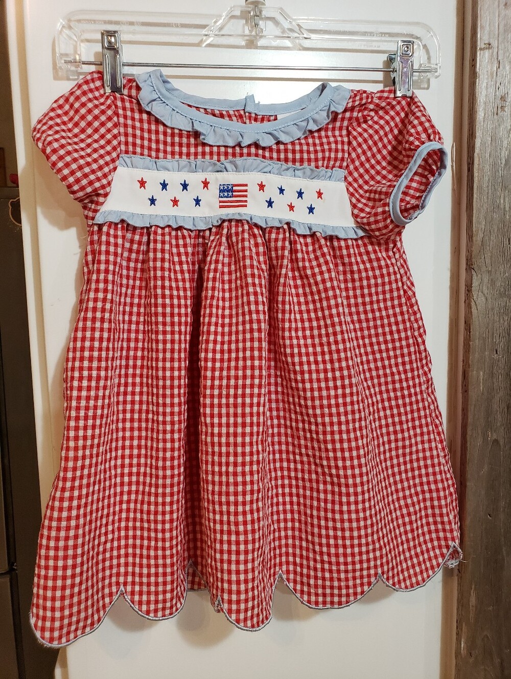 Red Gingham Checkered Dress Toddler 3 T Detail American Flag/stars Smocking